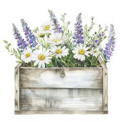 A painting of a wooden box overflowing with vibrant flowers, showcasing a beautiful and colorful display of nature
