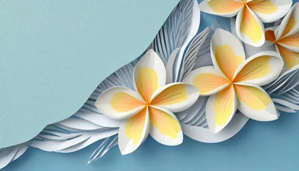 Fotobehang Up close plumeria flowers, in a cut paper collage style. Generative AI  © MLWilson
