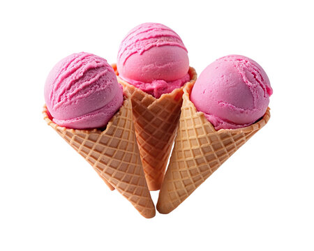 Pink ice cream scoop on waffle cone. isolated on transparent background.