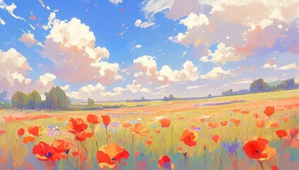Abstract landscape painting of a poppy field with a colorful sky - obrazy, fototapety, plakaty