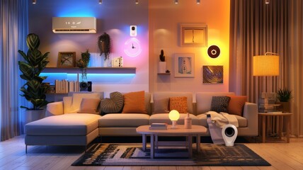 Modern Livingroom with colored led light - Smart home.