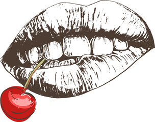Sexy woman lips with cherry berry. Vector