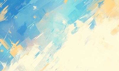 Abstract painting of light blue and orange on a white background with light colors, thick brush strokes and large brush strokes 