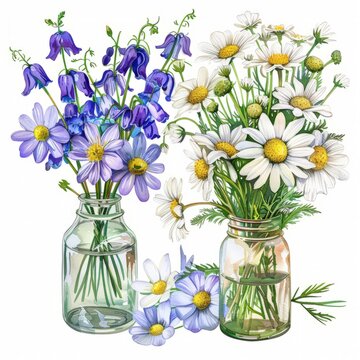 A painting featuring a vase filled with a variety of colorful flowers and another vase specifically filled with daisies