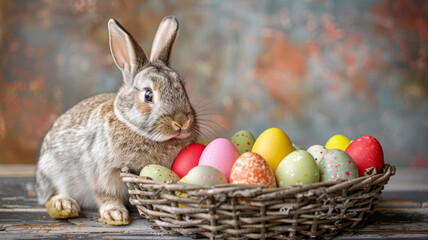 Whimsical Easter Scene, Bunny in Basket with Vibrant Eggs