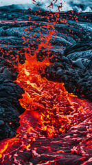 Erupting Lava Flow and Splatter on Volcanic Rocks