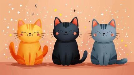 cartoon cats with different patterns and colors standing side by side.
Concept: clipart merch template, decoration for children's rooms and parties, illustrations in children's books.