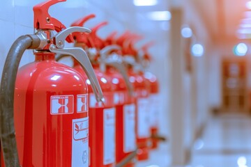 A row of red fire extinguishers are lined up on a wall. The fire extinguishers are all the same color and size, and they are all red