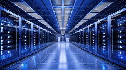Fototapeta premium Depict a state of the art data center with rows of server racks, cooling systems, and redundant power supplies