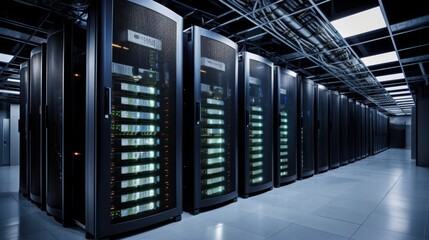 Depict a state of the art data center with rows of server racks, cooling systems, and redundant power supplies