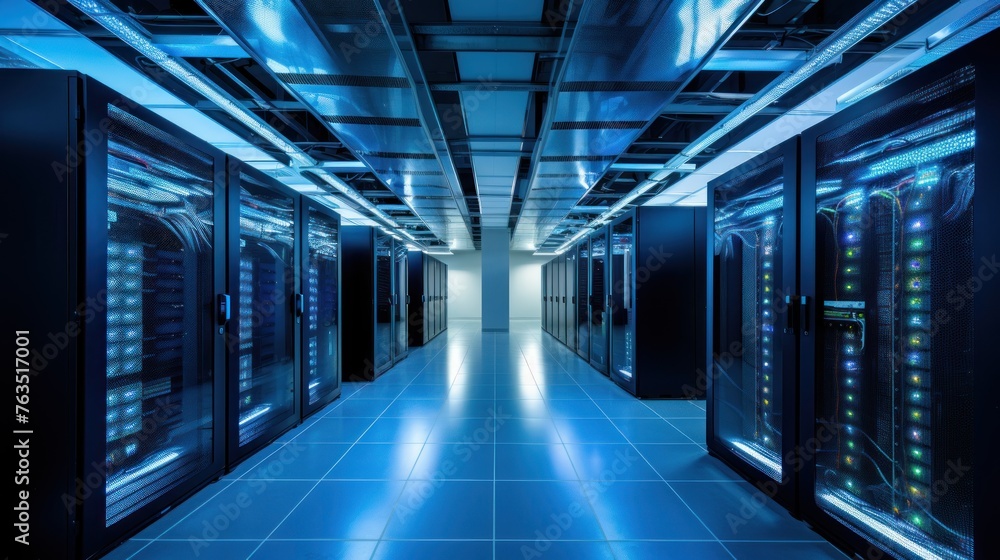 Poster depict a state of the art data center with rows of server racks, cooling systems, and redundant powe