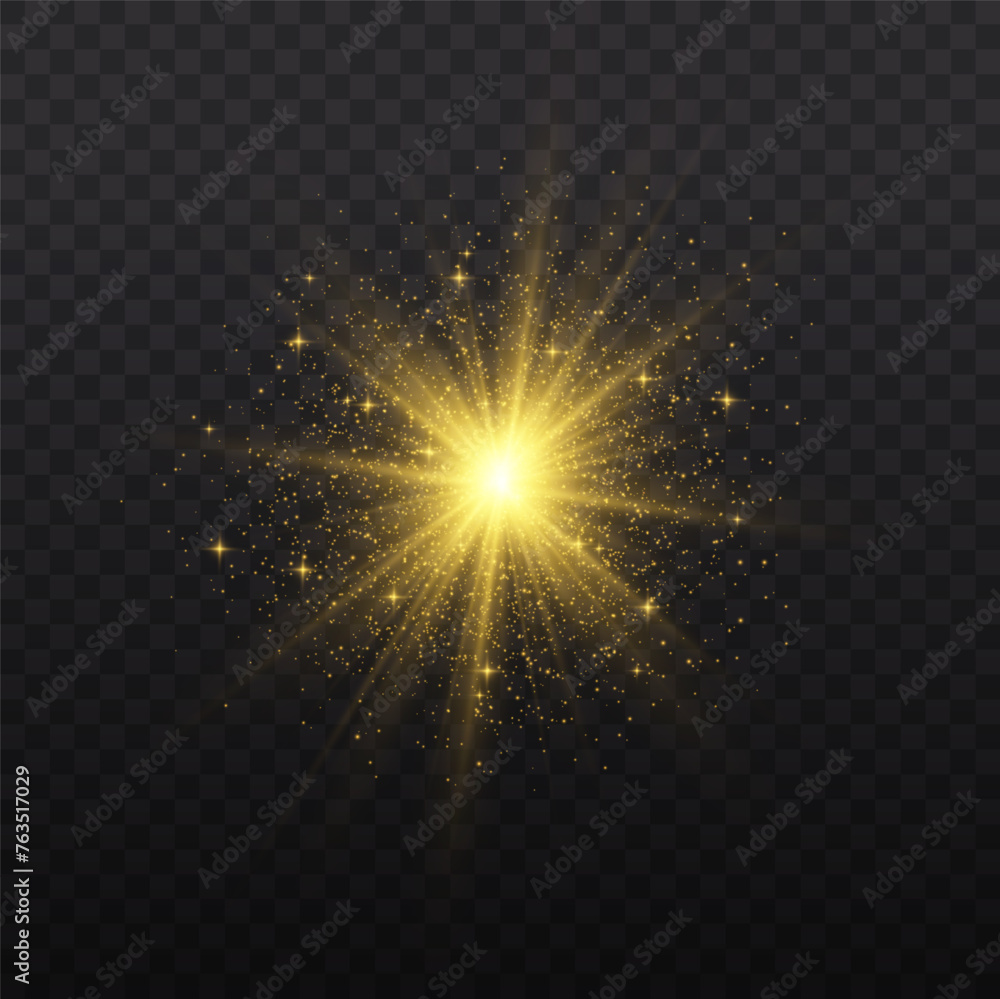 Wall mural set of golden glowing lights effects isolated on transparent background. solar flare with rays and s