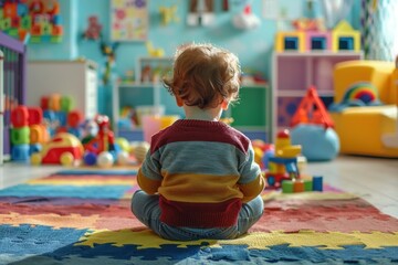 A child is sitting on a rug in a room full of toys. The room is brightly colored and has a playful...