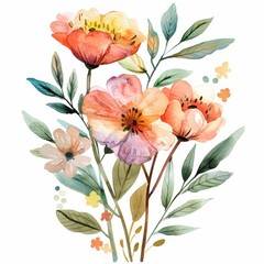 Fototapeta premium A detailed watercolor painting featuring delicate flowers in various colors surrounded by lush green leaves