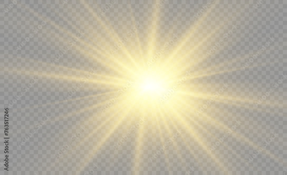 Wall mural set of golden glowing lights effects isolated on transparent background. solar flare with rays and s