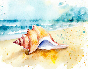 Obraz na płótnie Canvas A colorful conch shell on the beach, in a colorful watercolor style. Generative AI 