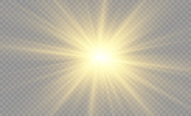 Set of golden glowing lights effects isolated on transparent background. Solar flare with rays and spotlight. Glow effect. Starburst with sparkles.