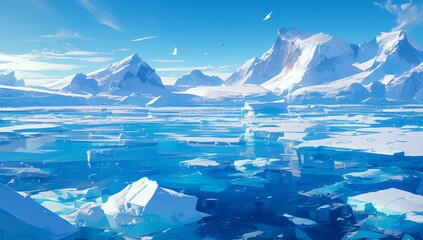 arctic ice landscape with mountains and floating blue snow