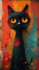 Obraz premium Black cat with bright yellow eyes in clipart style background canvas texture. Concept: superstitions related to luck, themed cards, printed products and web graphics