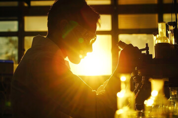Engrossed scientist examines samples under a microscope