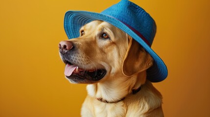 Golden Labrador Wearing Blue Hat Poses Against Yellow Studio Backdrop