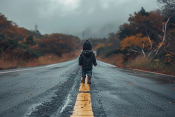 A young child is walking down a road in the rain. The child is wearing a black jacket and boots. The road is wet and the sky is cloudy. The scene is quiet and peaceful