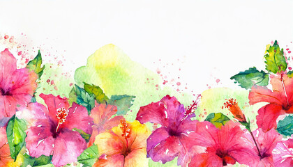 A border on pink hibiscus flowers, in a colorful watercolor style. Generative AI
