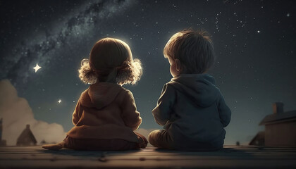 Kids sitting on roof at night, little boy and girl looks at stars