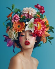 An exquisite display of multicolored flowers artfully arranged to replace a human face, evoking a sense of mystery and mother nature's beauty
