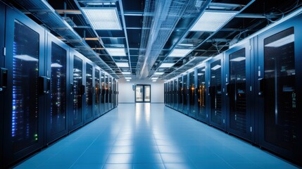 Depict a state of the art data center with rows of server racks, cooling systems, and redundant power supplies