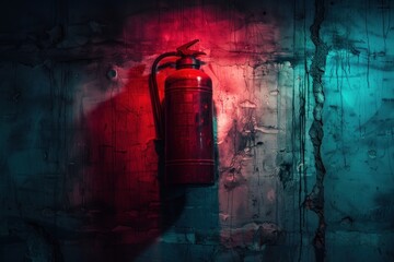 A red fire extinguisher is hanging on a wall. The wall is dirty and has graffiti on it