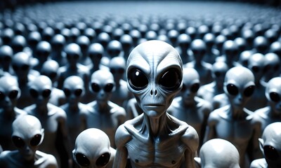 Multiple grey-skinned aliens with large black eyes and slender bodies standing closely together