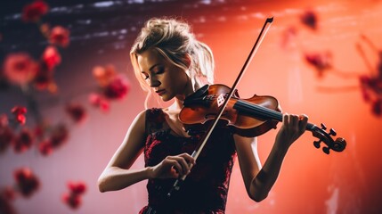 Beautiful girl playing the violin in a dark room with red flowers