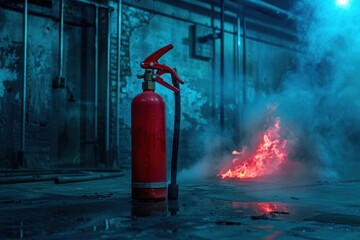 Obraz premium A red fire extinguisher is sitting on the ground next to a fire. The extinguisher is red and has a silver top. Scene is tense and serious