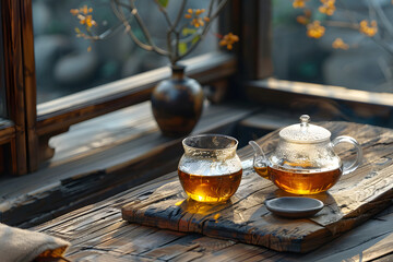 On the wooden tea table has two glass tea cups with a pot with tea in them, in the style of textural surface treatment, precisionist style, high quality, cottagecore, ironical, imitated material, liqu - obrazy, fototapety, plakaty