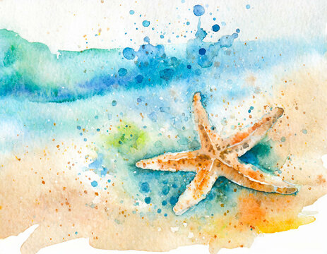 A starfish on the beach, in a colorful watercolor style. Generative AI
