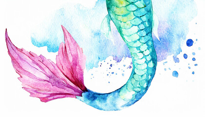 A mermaid tail, in a colorful watercolor style. Generative AI  © MLWilson