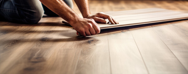 Worker installing laminate floor detail. House renovation with wooden designs - obrazy, fototapety, plakaty