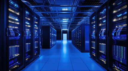 Depict a state of the art data center with rows of server racks, cooling systems, and redundant power supplies