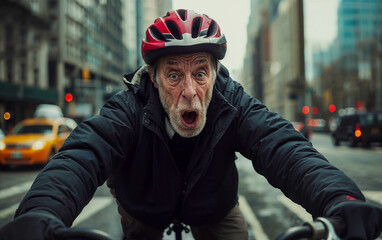 An elderly man rides a bicycle with a terrified look on his face from the road traffic