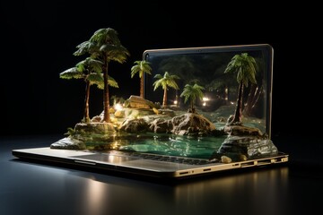 Laptop With Model of Tropical Island