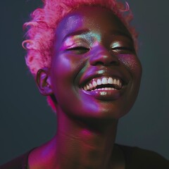 Experience the glow of beauty with this skincare portrait of a happy 20-year-old African model showcasing pink hair. Set against a soft backdrop, enhanced with a luminous filter effect 