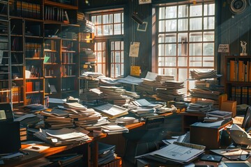 A cluttered office with stacks of papers on a desk and a computer. The room is dimly lit, and the atmosphere is somewhat chaotic - obrazy, fototapety, plakaty