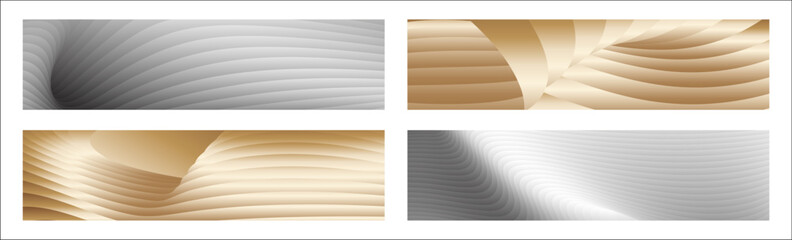 Wavy silver and gold parallel gradient lines, ribbons, silk. Set of 4 backgrounds. Black and white with shades of gray or golden silk. Banner, poster. eps vector