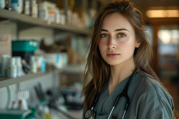 Young Woman in Medical Coat with Stethoscope