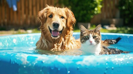 joyful dog and cat , bath in pool, summer yard on background
