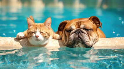 dog and cat , bathing in pool, happy summer bathing