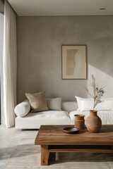 Fototapeta na wymiar A minimalist modern living room with a wooden coffee table and a sleek white sofa