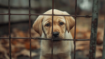 Dog Heartbreak Behind Bars, Shedding Light on Puppy Mills' Tragic Puppies, A Cry for Compassion and Adoption Amidst Sorrow. - obrazy, fototapety, plakaty