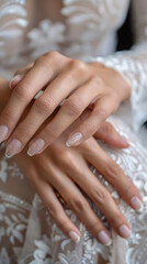 Obraz na płótnie Canvas Wedding nail design of the bride, beautiful hands of the bride with well-groomed manicure